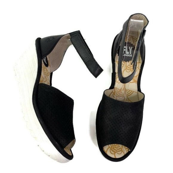 FLY London Shoes - FLY London Black Wedge Ankle Strap Sandals